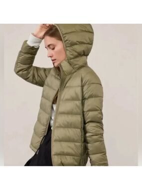 Athleta Lightweight Hooded Aire Puffer Jacket Olive Green Sz S